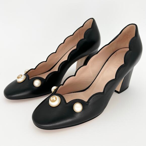 GUCCI Willow Loafer Pumps EU 37.5 US 7.5 Black GG Logo Pearl Scalloped Leather - Picture 5 of 15